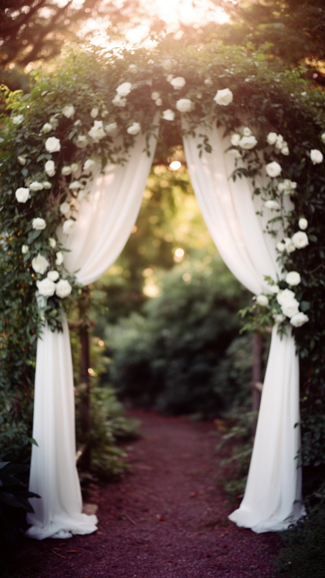 Garden arch draped with white roses and chiffon